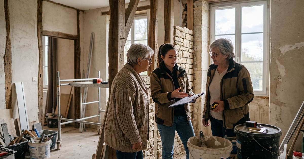 Aide pour rénover une maison ancienne : façade d'un logement en travaux de rénovation