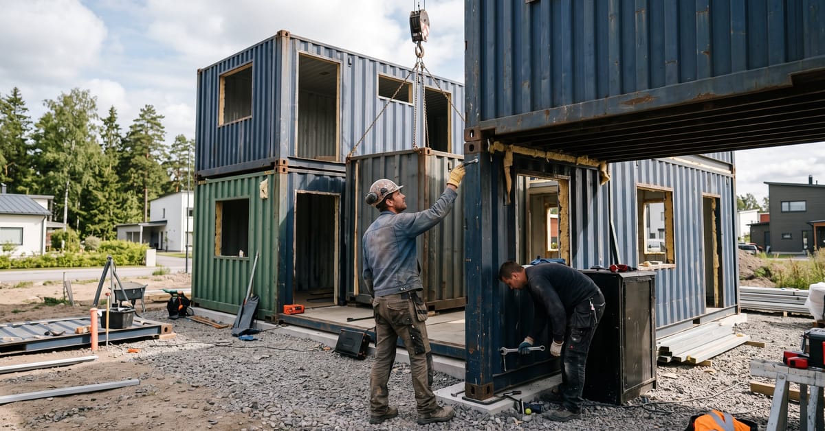 Construction d'une maison container moderne en cours de montage sur un chantier