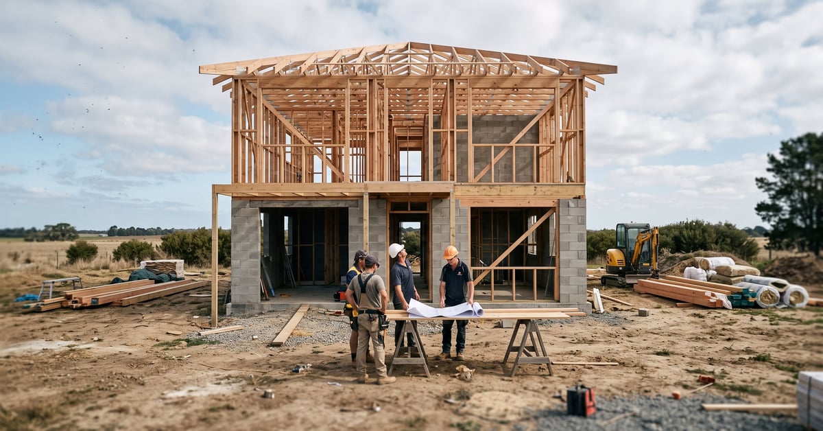 Coût de construction d'une maison : chantier avec matériaux et structure en cours d'édification