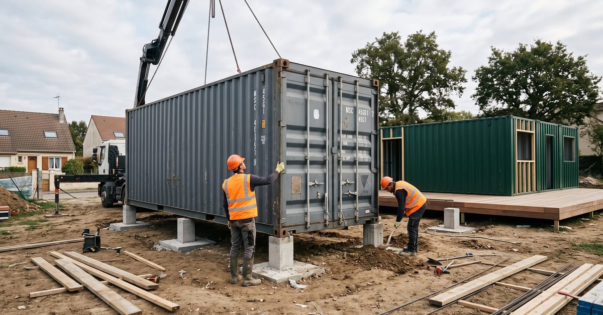 Construire maison container : chantier de construction d'une maison moderne en containers maritimes