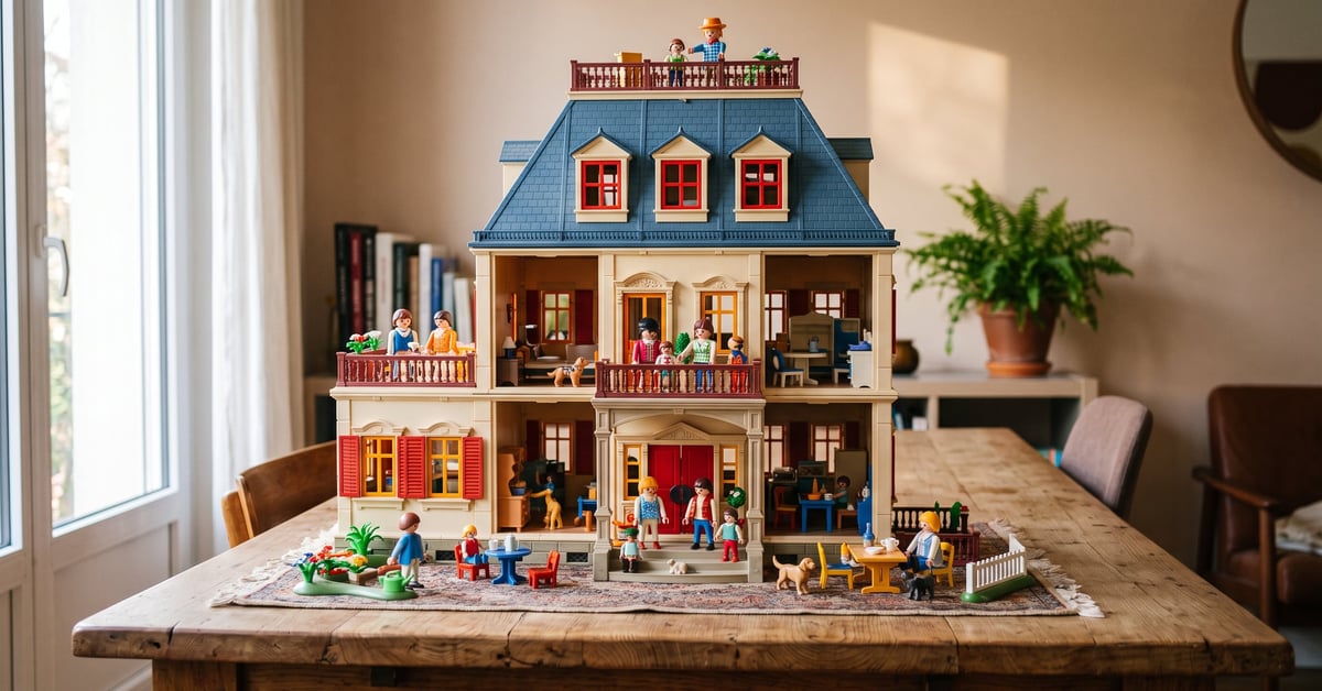 Maison Playmobil ancienne posée sur une surface, modèle vintage des années 70-80 en bon état de conservation