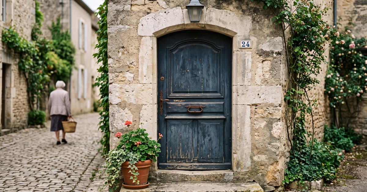 Porte d'entrée en bois d'une maison ancienne avec détails architecturaux authentiques