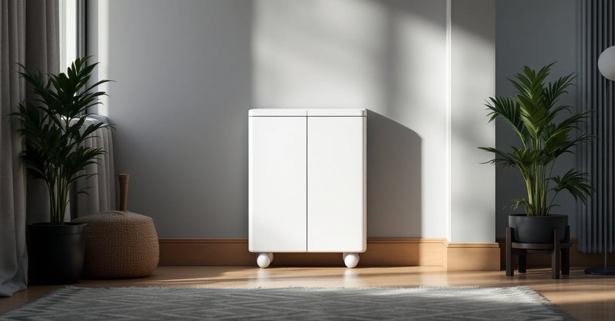 Radiateur électrique mobile basse consommation posé dans un salon moderne et lumineux