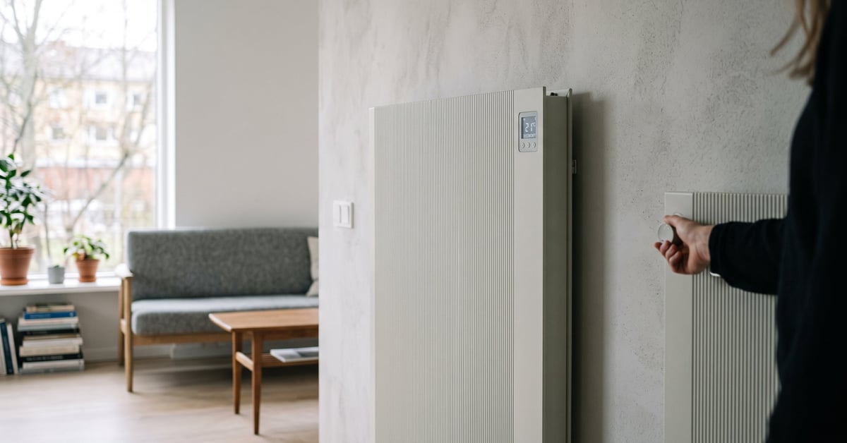 Radiateur ultra basse consommation moderne installé dans un intérieur contemporain lumineux