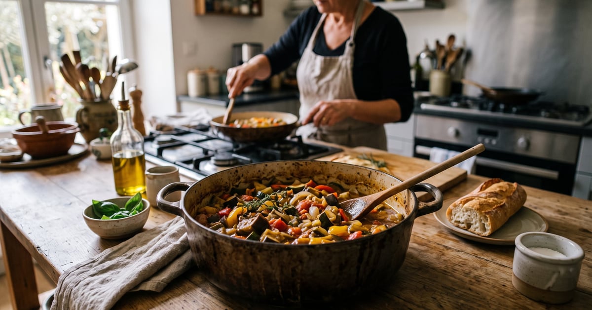 Ratatouille maison à l'ancienne dans une cocotte rustique, recette provençale traditionnelle aux légumes mijotés