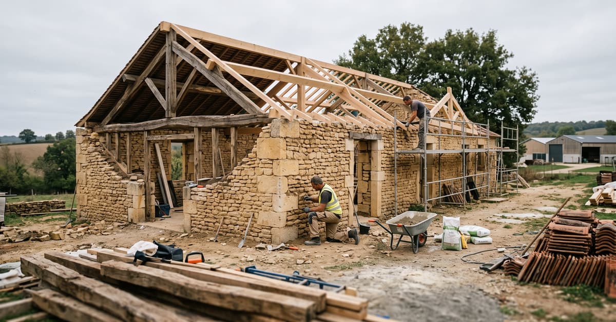 Rénovation ancienne maison : façade en pierre à restaurer avec outils de chantier au premier plan