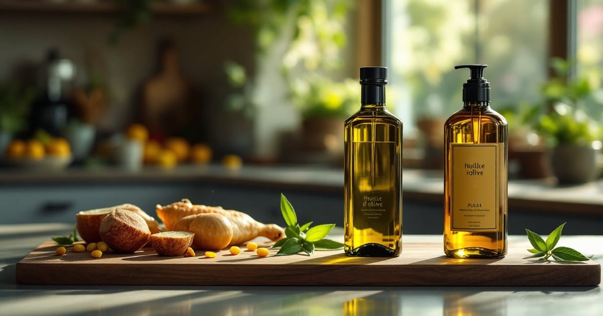 Bouteilles d'huile d'olive extra vierge avec olives fraîches — meilleure huile d'olive que choisir