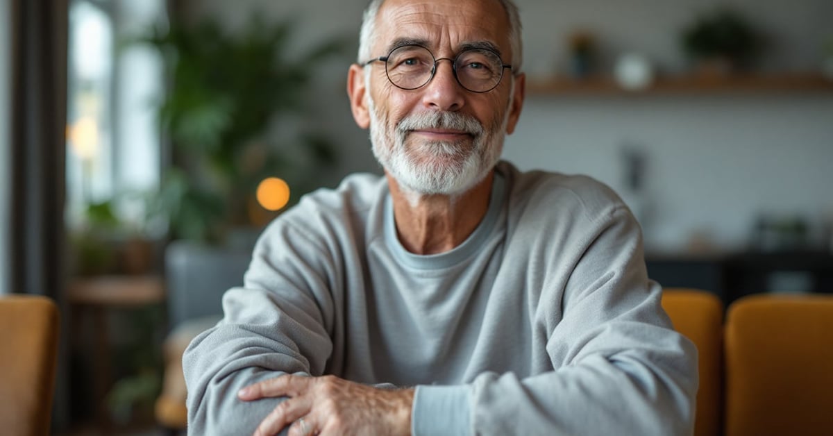 Senior souriant consultant des documents sur la meilleure mutuelle senior que choisir